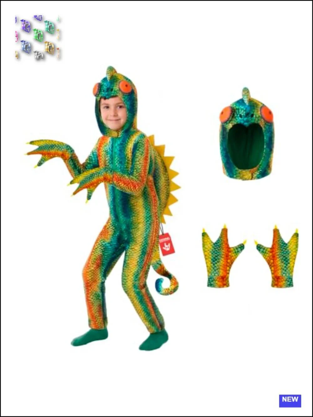 Kids Rainbow Chameleon Costume Set Jumpsuit Hood Spikes Tail Halloween Dress-Up